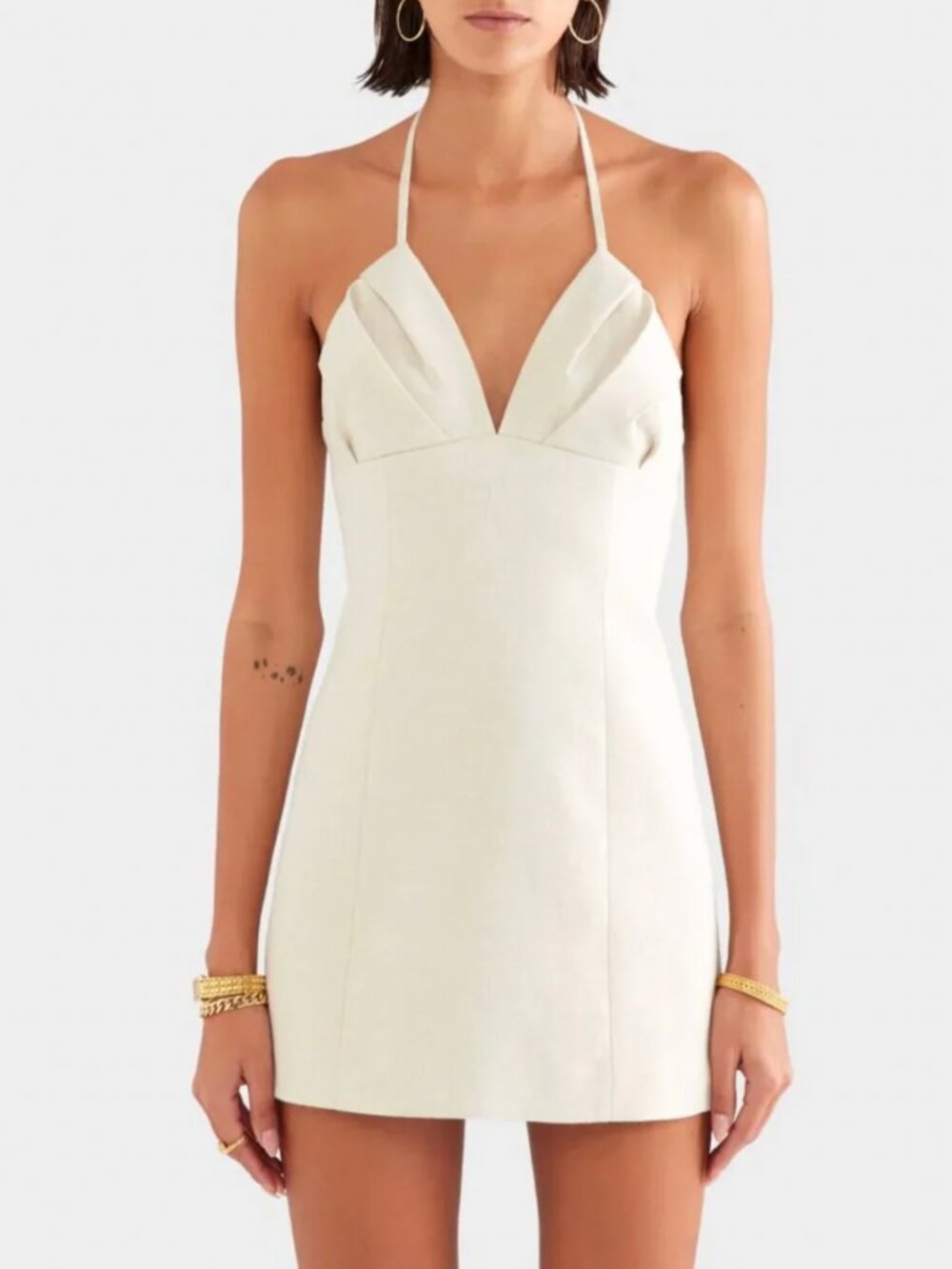 NWT VENROY Halter Linen Mini Dress XS/S Sand Oatmeal Light Beige - Picture 2 of 8